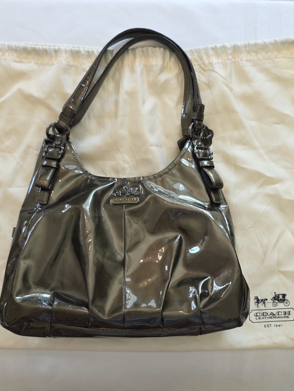 Coach Madison Maggie Gunmetal Olive Patent Leather Shoulder Bag 2011 Authentic